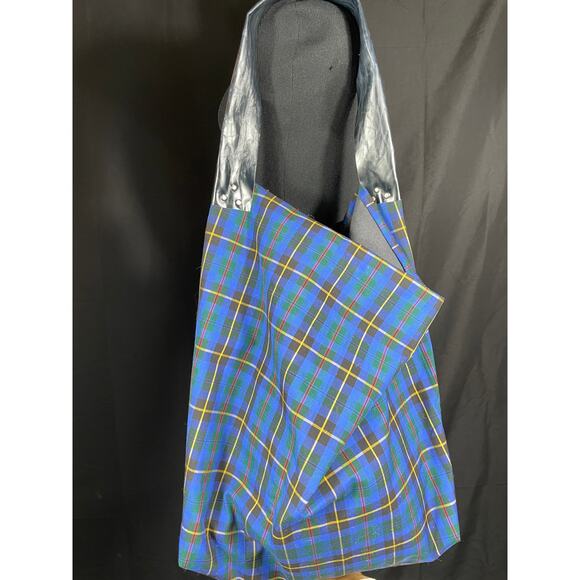 Handmade, blue plaid large hobo bag, vintage cotton fabric, leather strap - Picture 6 of 7